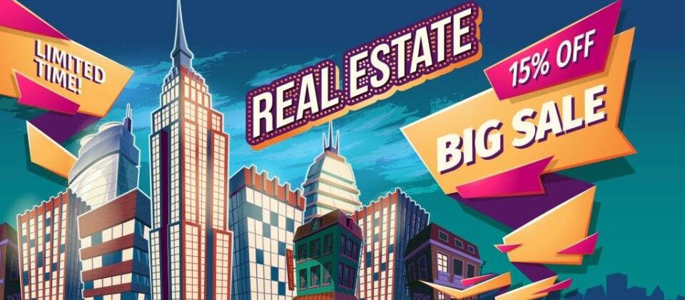 Vector cartoon illustration, banner, night urban background with modern big city buildings, skyscrapers, business centers and space for your text. Advertising banner for a real estate agency